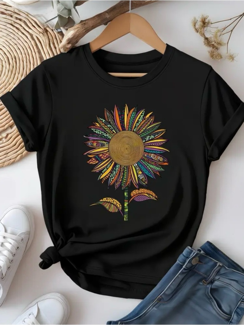 Boho Women's Crew Neck Colorful Sunflower Pattern T-shirt